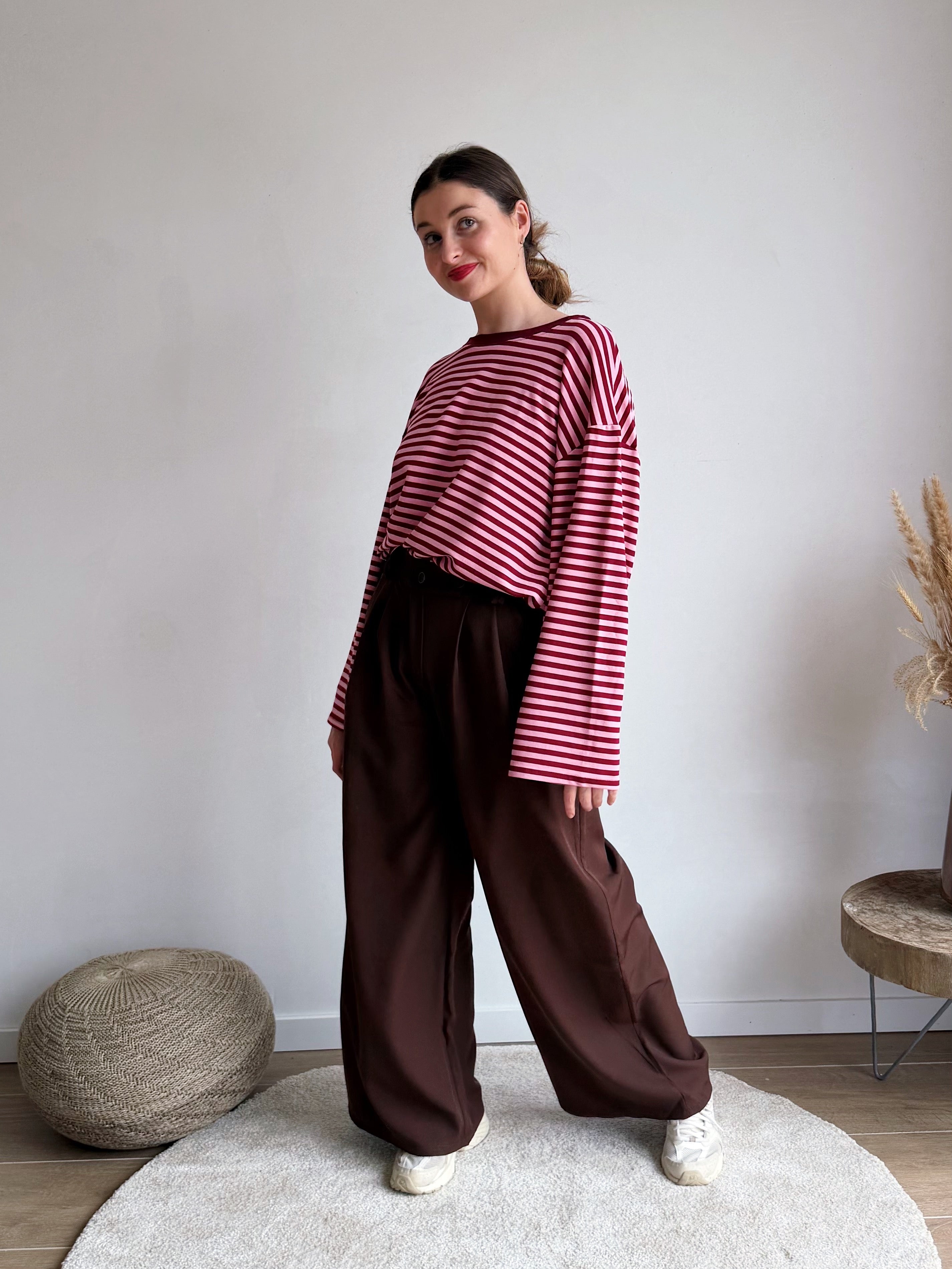 LEONIE STRIPED TOP BURGUNDY